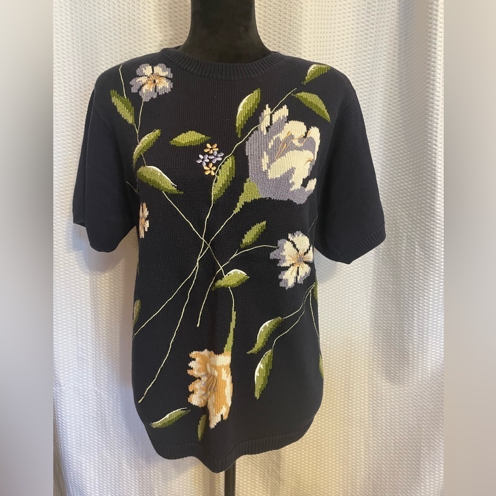 Alfred Dunner vintage blue floral embroidered short sleeve sweater size medium